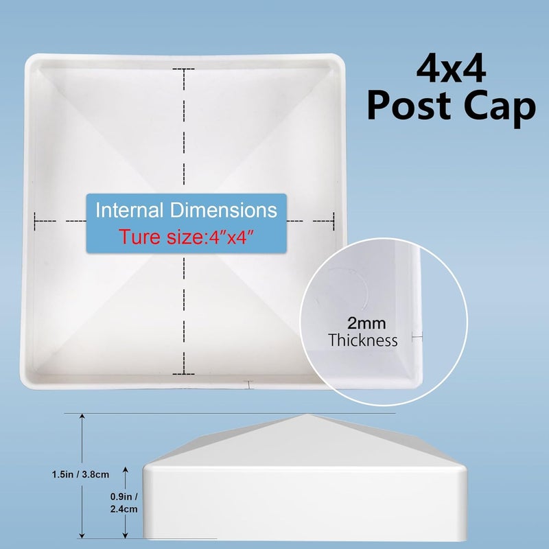 RECTOO 4x4 Vinyl Fence Post Caps, White PVC Decorative Pyramid for Actual 4"x4" Vinyl Posts – Not for Wood Post (8-Pack) - Image 4